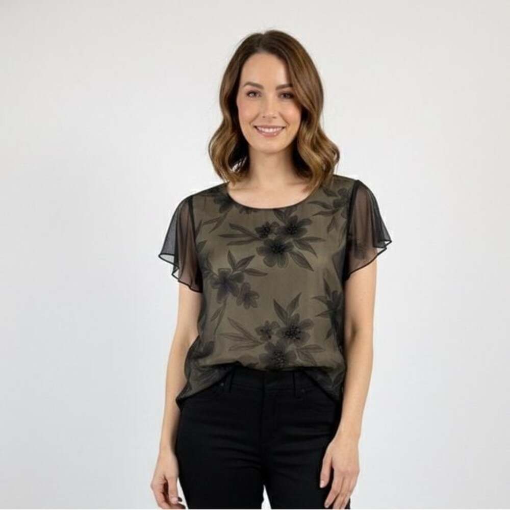 Talbots Black Nude Bead Appliqué Floral Sheer Blouse Sz 12
